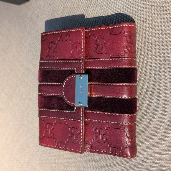 Gucci Burgundy Red Leather & Velvet GG Monogram Bifold Wallet With Box - Picture 1 of 12